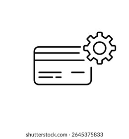 Credit card and cogwheel. Payment settings, wallet management, card configuration, financial control, secure transaction setup. Pixel perfect, editable stroke vector icon