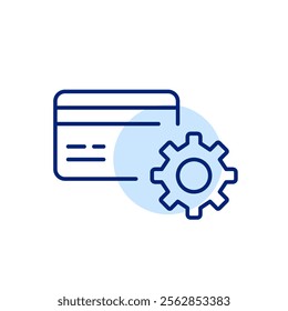 Credit card and cogwheel. Smart transactions, optimized payment configurations. Pixel perfect, editable stroke icon