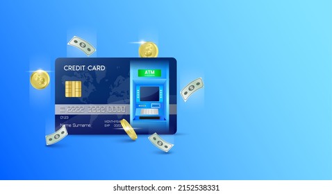 Credit card and coin. ATM Automated. Teller machine 24 hour. Money transfers financial transactions. Template for advertisement horizontal long. On blue background. Vector EPS10.