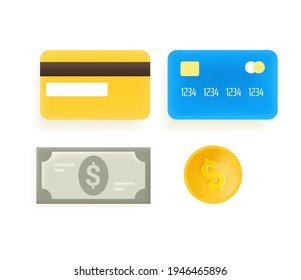 Tarjeta de crédito, moneda y vector de billetes
