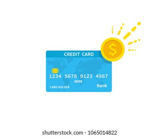 Credit card. Card with coin. Flat cartoon design, vector illustration on background