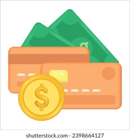 Credit card with coin and paper money. Financial transactions and payments. Concept of financial operations, transactions.