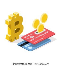 Credit card, coins, bitcoin label. Vector 3d line isometric, color web icons, new flat style. Creative design idea for infographics.