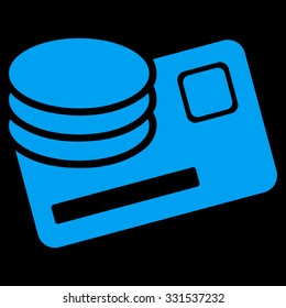 Credit Card And Coins vector icon. Style is flat blue symbol, rounded angles, black background.