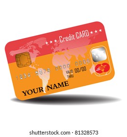 Credit card colored in orange and red, with the world map and various security symbols. Banking concept