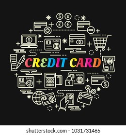 credit card colorful gradient with line icons set, vector editable stroke