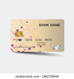 Credit card. With colorful vintage elements desing. And inspiration from abstract. On white background. Glossy plastic style. 