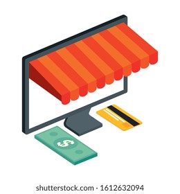 credit card and computer with parasol vector illustration design