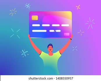 Credit card concept vector illustration of young man holds over his head big brilliant bank card like a winner of profitable online banking. Happy bright people use credit cards on gradient background