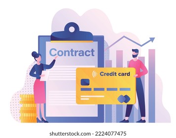 Credit card concept. Young guy enters into contract with bank. Symbol of cashless transfers, transactions and electronic payments. Poster or banner for website. Cartoon flat vector illustration