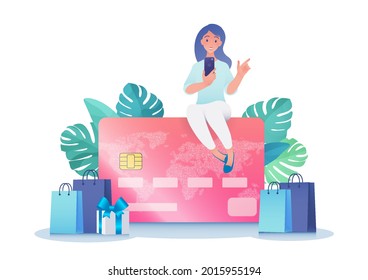 Credit card or contactless payment business concept. Woman using smartphone sitting on top of a credit card shopping online. Vector illustration isolated on white background