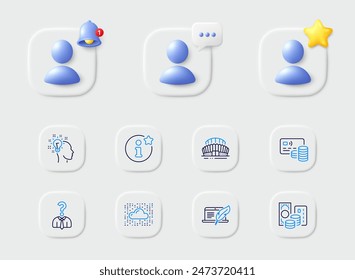 Credit card, Card and Copyright laptop line icons. Placeholder with 3d star, reminder bell, chat. Pack of Idea, Sports stadium, Cloud system icon. Hiring employees, Info pictogram. Vector