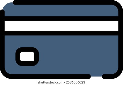 Credit Card Dark Blue Icon with Black Outline Isolated on White Background