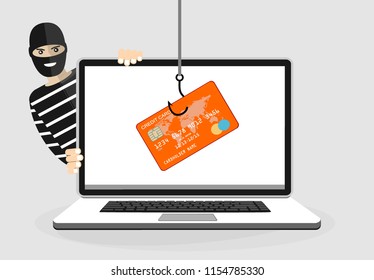 Credit card data phishing, hacker attack.Thief hacker in mask stealing personal information from laptop. Useful for anti phishing and internet viruses campaigns. Concept hacking . Vector Illustration.
