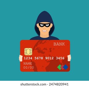 Credit card data phishing, hacker attack. Thief hacker in mask stealing Credit card data. Vector illustration in flat design