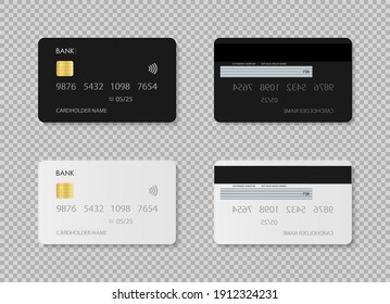 Tarjeta de crédito. Tarjeta de débito. Diseño de una tarjeta de plástico de plantilla para banco delante y atrás. Cómprate con chip para el pago. Conjunto realista con iconos blancos y negros aislados en un fondo transparente. Vector.