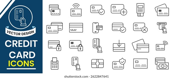 Cartão de crédito, ícone de linha de cartão de débito, conjunto de vetores. Silhueta de crédito, Débito, ícone de cartão ATM, design de símbolo. Ilustração vetorial.