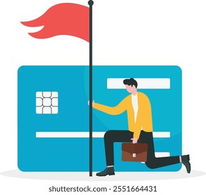 Credit card debt compromise, accept failure and negotiate with debtor concept, struggle bankruptcy man surrender carry and waving the white flag behind big credit card debt.
