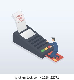 Credit Card Debt concept,A businessman kneels in worry when he see the amount of credit card debt owed to pay,He's addic to lavish spending on credit cards,Vector illustration.