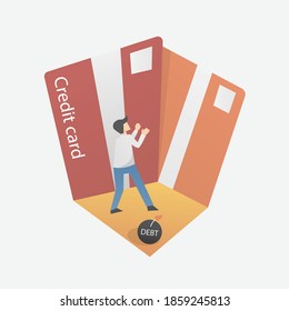 credit card debt concept,Businessman spend credit cards risk into debt problems,Failed to financial manage money spending,squander and credit slavery,Vector illustration.