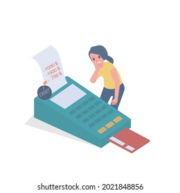 Credit Card Debt concept,Working women have problem worry when her see the amount of credit card debt owed to pay,she addic to lavish spending,Failed to financial manage,vector illustration.