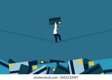 Credit Card Debt Crisis. Navigating Financial Danger. Businessman Balancing with Credit Card on Tightrope. Vector Illustration