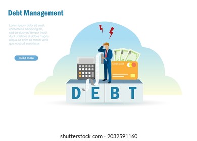 Credit card debt, debt management, debt stress. Frustrated businessman try to manage credit card bills and expenses spending with fixed income. Money spending and cash control concept.