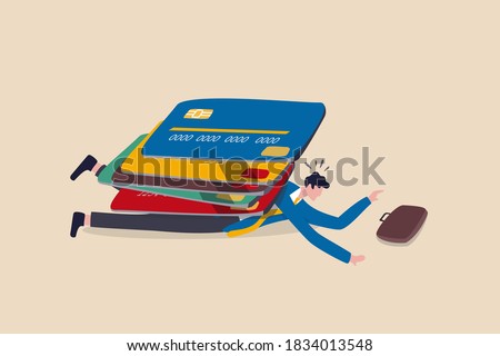 Credit card debt, overspending, financial problem credit loan trouble or default concept, pile of credit cards with a lot of weight over depressed broke salary man who overspend in online shopping. Foto d'archivio © 