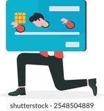 Credit card debt, overspending problem, financial failure or too much cost and expense concept, broke hopeless salary office worker shackled fetters with big credit card with his empty pant pocket.

