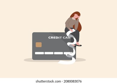 Credit card debt problem, overspend or shopping trouble, consumerism or buying addicted causing financial problem concept, hopeless woman sitting with long list overdue bills on credit card.