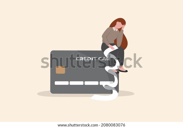 Credit card debt problem, overspend or shopping\
trouble, consumerism or buying addicted causing financial problem\
concept, hopeless woman sitting with long list overdue bills on\
credit card.