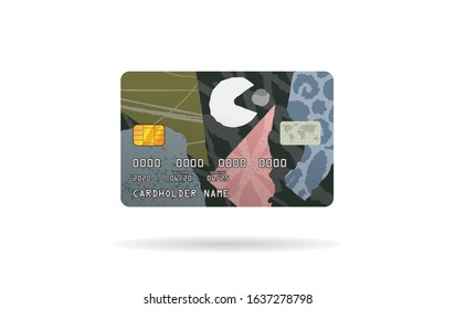 Credit card design cartoon colorful abstract isolated on white background. Creative collage cute printable creative template with floral elements, grunge texture and leopard pattern, hand draw style