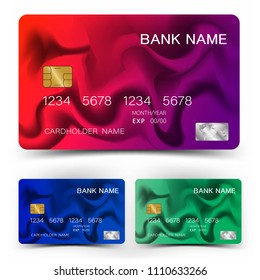 Credit card design. With inspiration from the abstract. Mix red purple and blue green color on white background. Vector illustration. Glossy plastic style.