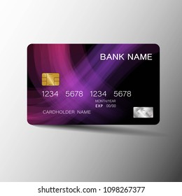 Credit card design. Purple and black color on the gray background. Vector illustration. 