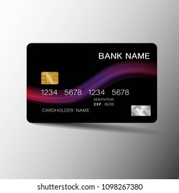 Credit card design. Purple and black color on the gray background. Vector illustration. 