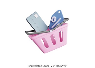Credit card and discount coupon in pink basket. Cashless shopping concept. 3D rendering.