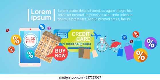 Credit Card Discount Tag Sale Online Shopping Special Offer Banner Flat Vector Illustration