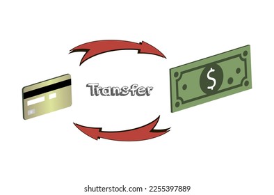 a credit card and a dollar bill and two multidirectional red arrows with a caption in the center "transfer"