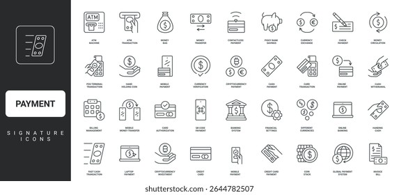 Credit card and dollar cash, cryptocurrency coins, POS terminal thin black outline symbols vector illustration. Payment method, online money transfer with phone and laptop, bills line icon set.