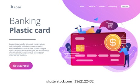 Credit card with dollar coin and users. E-commerce and online shopping, financial operations and plastic card, mobile payment and banking concept, violet palette. Website landing web page template.