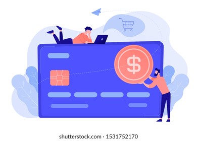 Credit card with dollar coin and users. E-commerce and online shopping, financial operations and plastic card, mobile payment and banking concept. Vector isolated illustration.