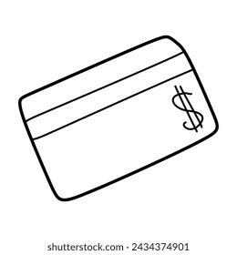 Credit Card Doodle icon with Dollar Sign. Hand drawn Vector Line art Illustration isolated on white. Personal Money Card, Banking, Currency transfer, Electronic Pocket. Linear Design Element.