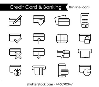 Credit card and e-commerce thin line icon set, black outline style symbols for desktop and mobile interfaces