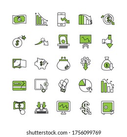 credit card and economic recession icon set over white background, half color half line style, vector illustration