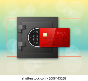 Credit card & Electronic lock picture. Bank door card & image combination lock front side banner. Plastic card & steel safe. Debit card & electromagnetic locking devices chip. Online payment banner