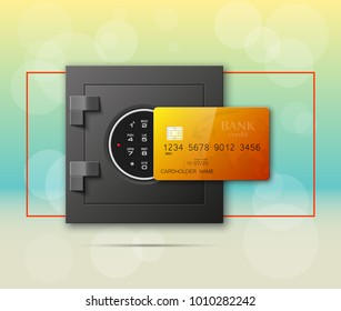 Credit card & Electronic lock picture. Bank door card & image combination lock front side banner. Plastic card & steel safe. Debit card & electromagnetic locking devices chip. Online payment banner