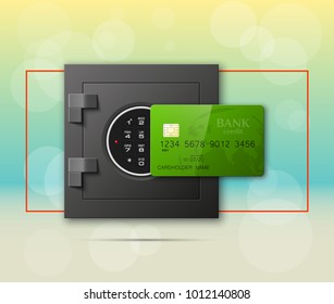 Credit card & Electronic lock picture. Bank door card & image combination lock front side banner. Plastic card & steel safe. Debit card & electromagnetic locking devices chip. Online payment banner