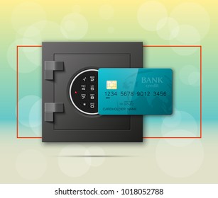 Credit card & Electronic lock picture. Bank door card & image combination lock front side banner. Plastic card & steel safe. Debit card & electromagnetic locking devices chip. Online payment banner