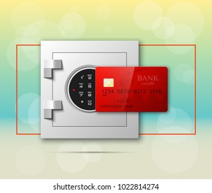 Credit card & Electronic lock picture. Bank door card & image combination lock front side banner. Plastic card & steel safe. Debit card & electromagnetic locking devices chip. Online payment banner