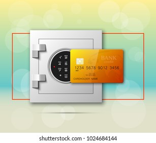 Credit card & Electronic lock picture. Bank door card & image combination lock front side banner. Plastic card & steel safe. Debit card & electromagnetic locking devices chip. Online payment banner